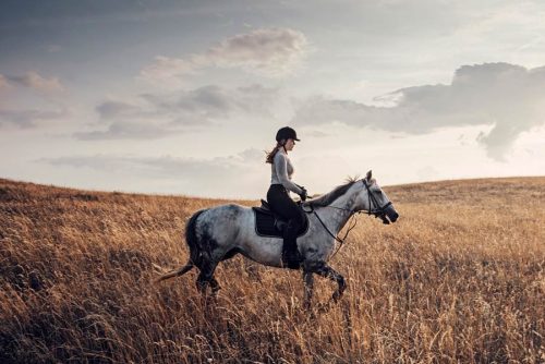 Young woman riding her horse through a field of grass