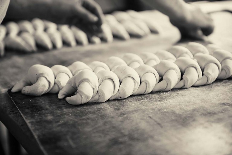 Close up of a baker's hands making croissants