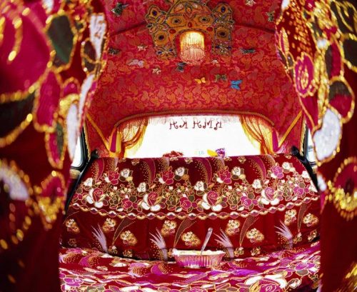 Brightly coloured Indian taxi interior