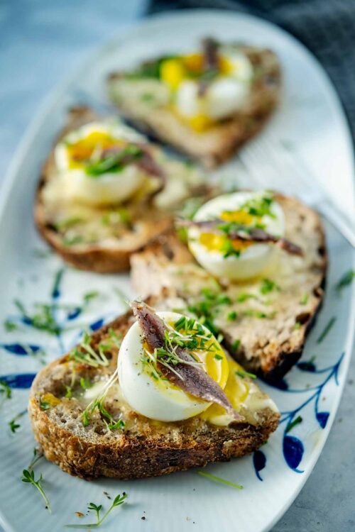 Anchovies served with gorgeous runny eggs and served on delicious toasted sourdough bread.