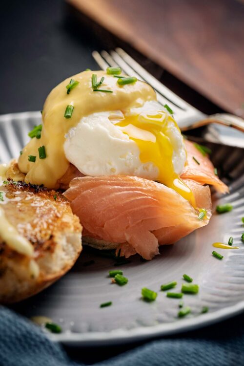 Eggs Benedict with smoked salmon and a hollandaise sauce.