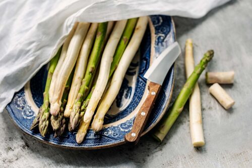 Freshly picked green and white asparagus.