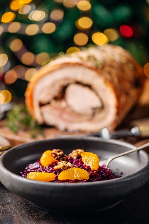 Porchetta with red cabbage, walnut and mandarin orange salad.