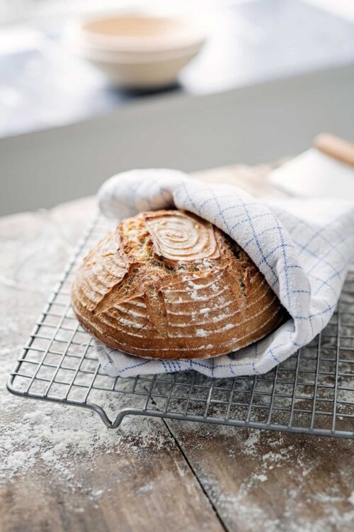 Artisan loaf of freshly baked sourdough bread cooling on a wire rack